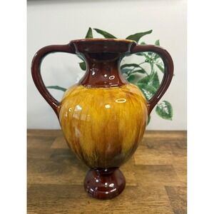 Vintage Blue Mountain Pottery Double Handle Vase Pottery Drip Glaze Brown Yellow